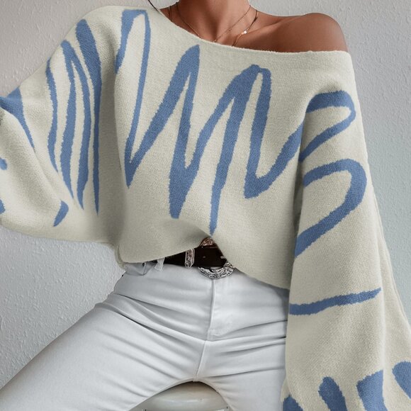 Women's Casual Beige with blue Graphic stripes Lantern Sleeve Sweater - Picture 1 of 7